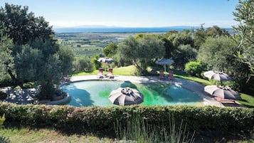 Seasonal outdoor pool, pool umbrellas, sun loungers