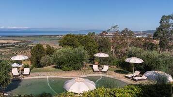 Seasonal outdoor pool, pool umbrellas, sun loungers
