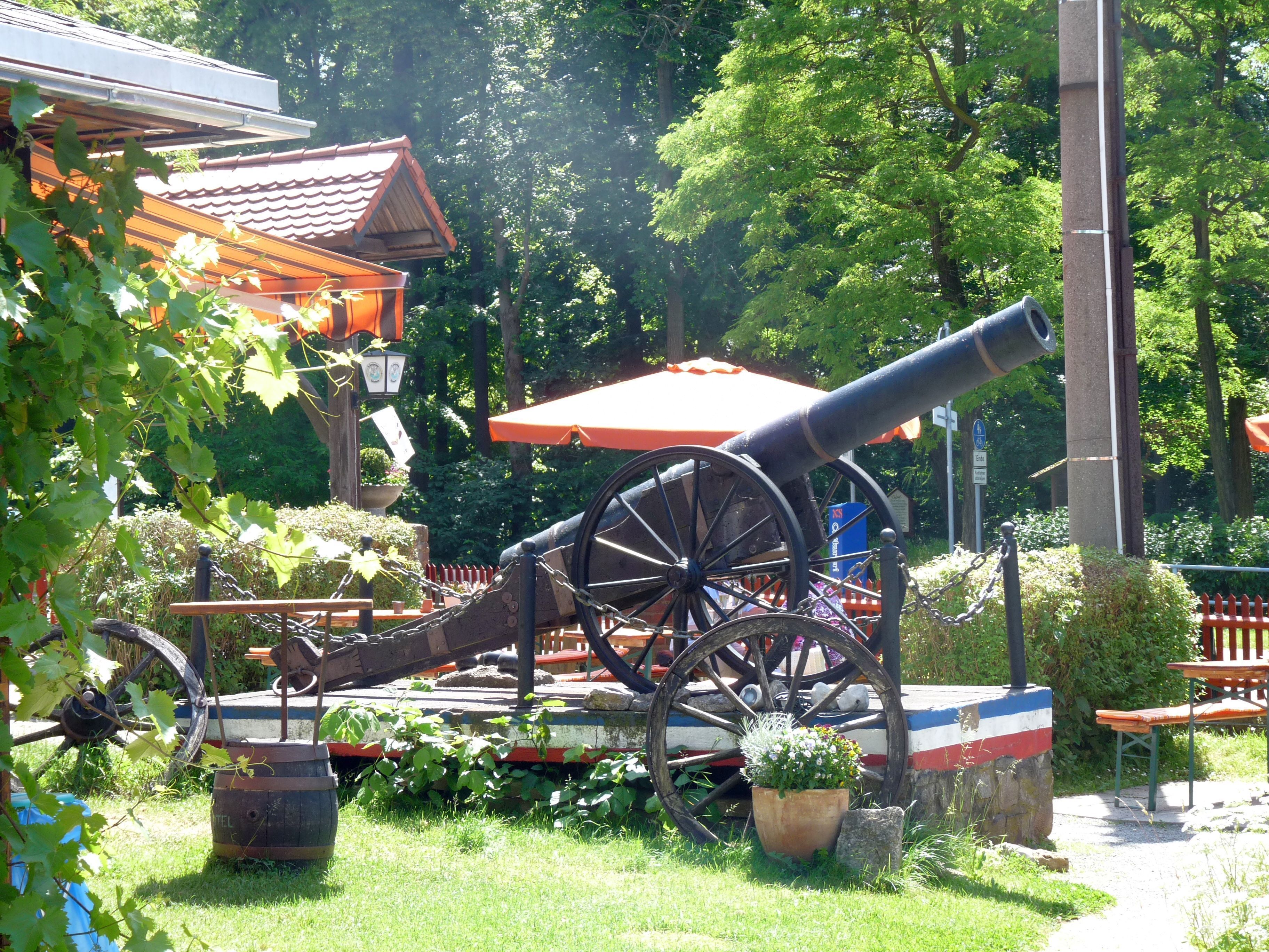 A historical cannon in a garden setting with a building in the background.