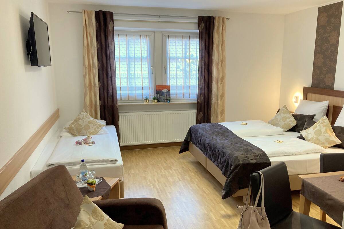 Ein Hotelzimmer mit zwei Betten, einem Fernseher, einem Fenster mit Vorhängen, einem Heizkörper, einem kleinen Tisch mit Pflanze und einem Sessel.