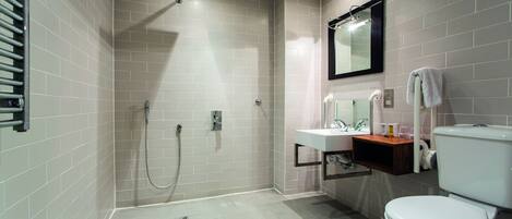 A modern bathroom with a walk-in shower, a toilet, and a sink.