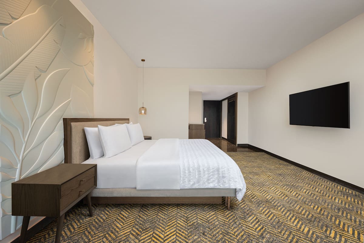 A modern hotel room with a large bed, a nightstand, a wall-mounted TV, and a patterned carpet.
