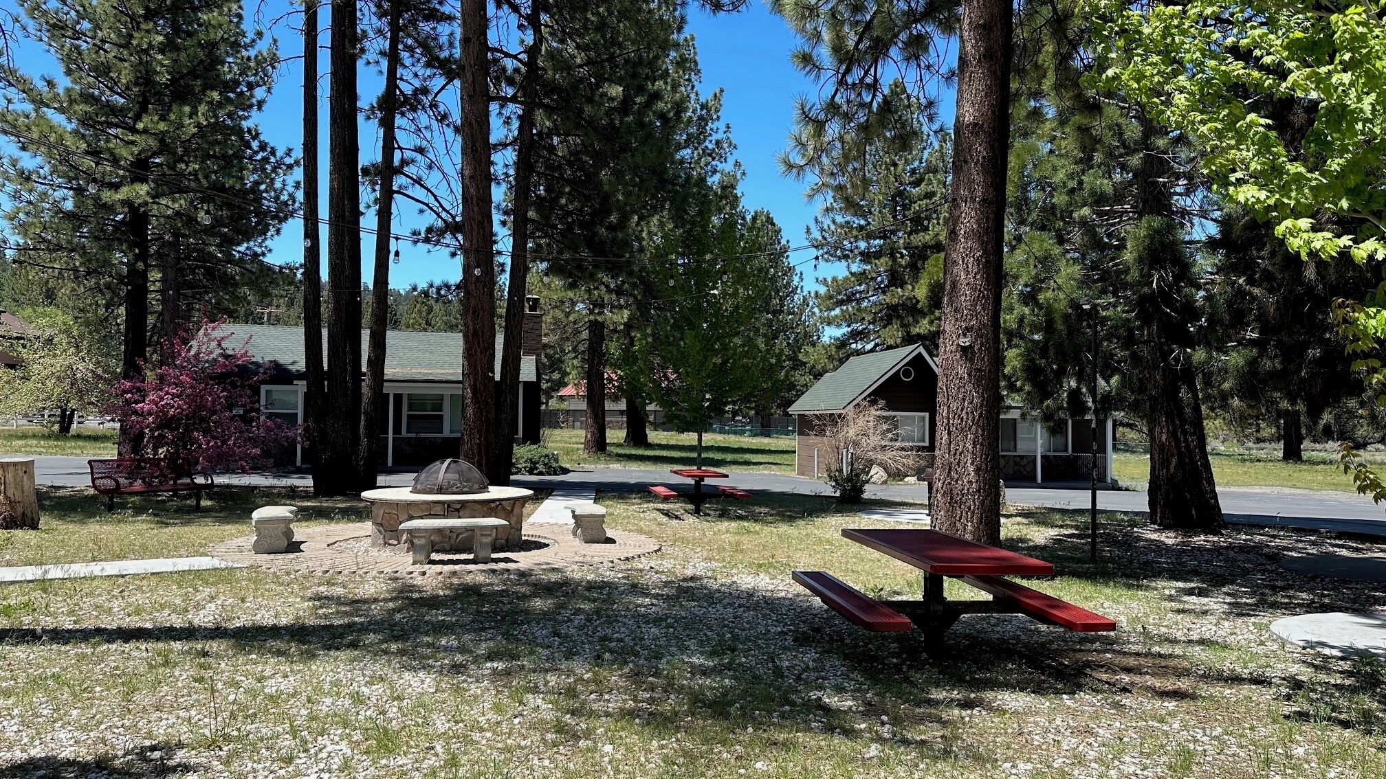 Ein Campingplatz mit Picknicktischen, einer Steinkaminstätte und Holzhütten in bewaldeter Landschaft.