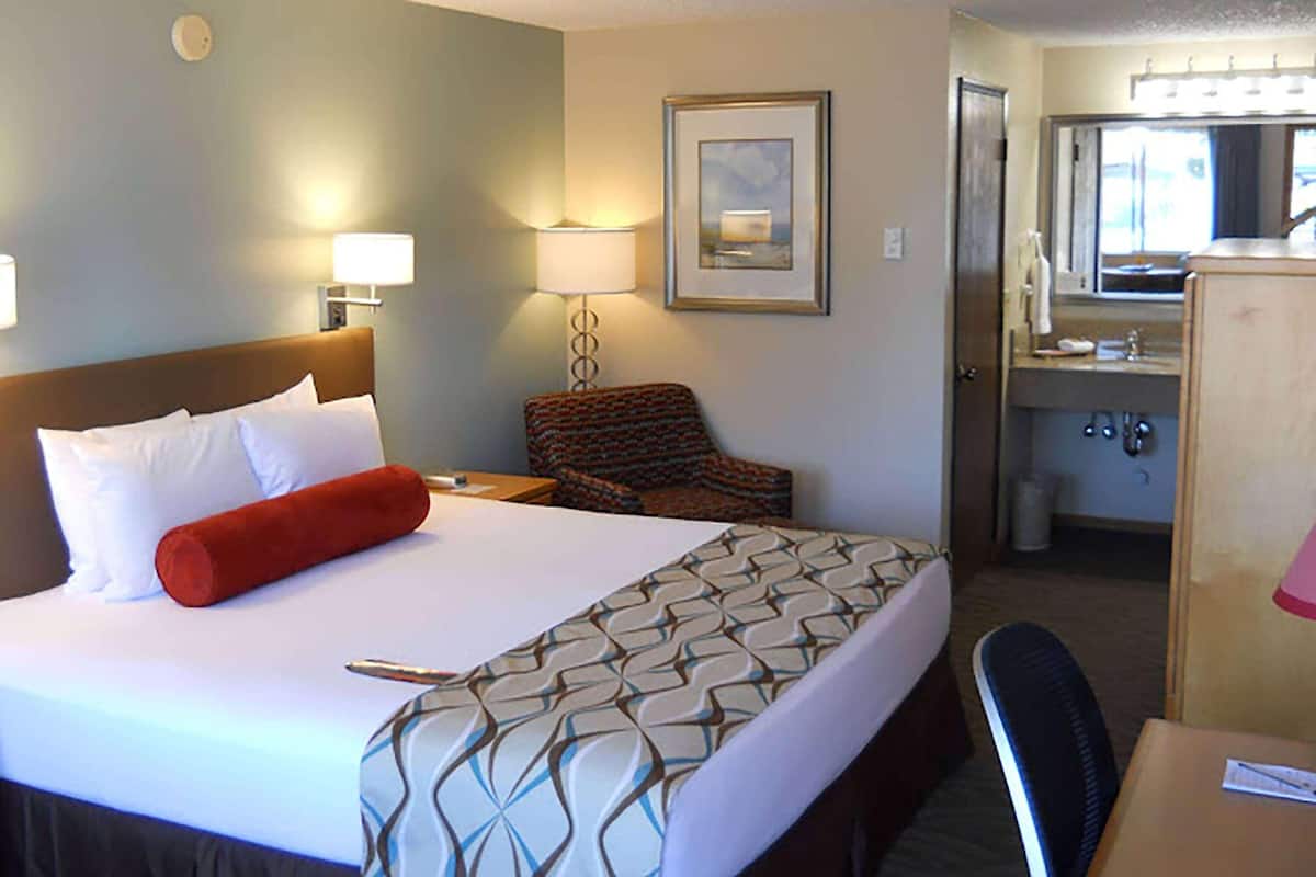 A hotel room with a bed, a chair, a desk, a lamp, a framed picture, and a bathroom.
