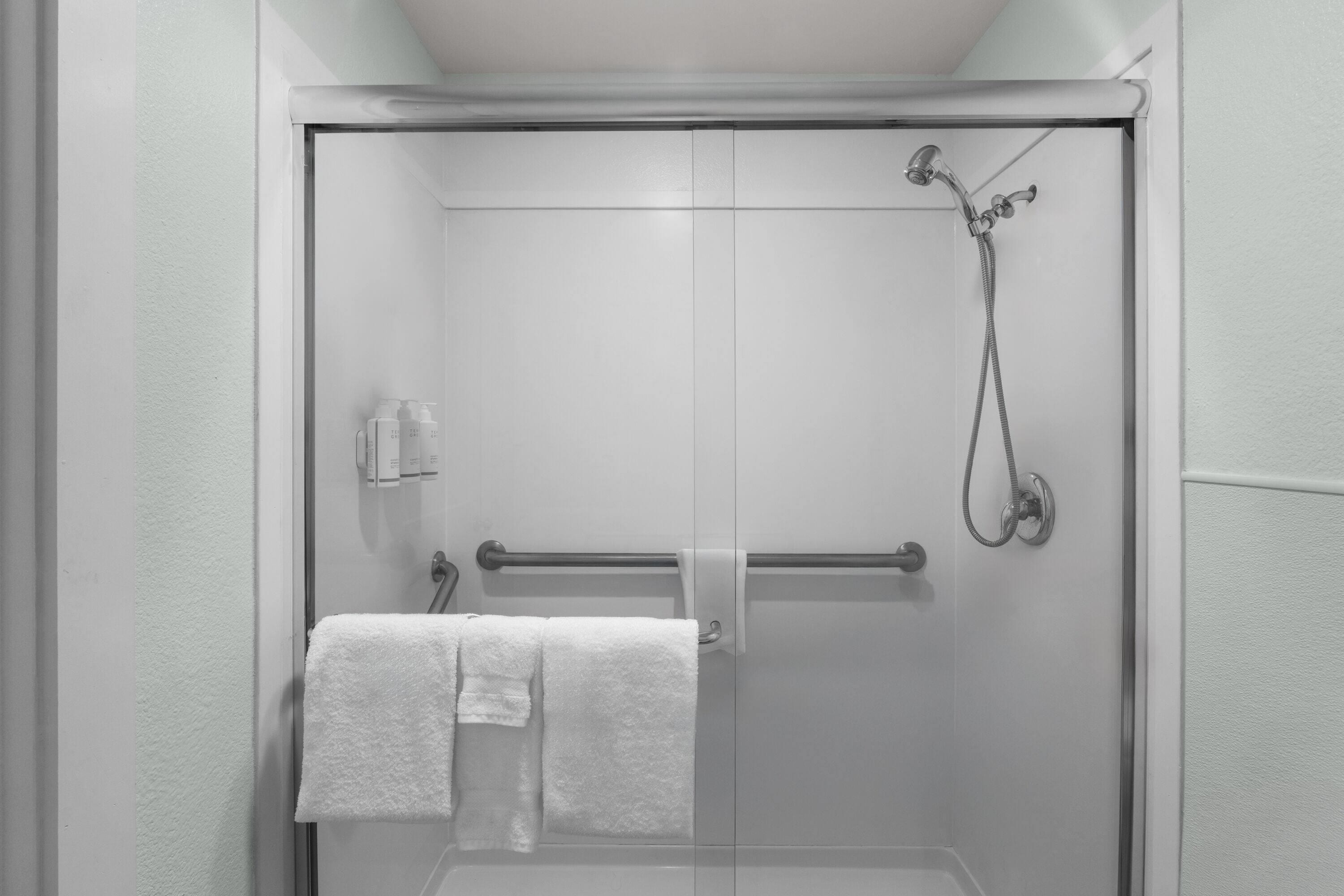 Un baño con mampara de vidrio, un perchero con dos toallas, un cabezal de ducha manual y una botella de champú.