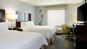 A hotel room with two beds, a desk with a television, a chair, and a window with blinds. - Hampton Inn & Suites Bakersfield/Hwy 58, CA (Bakersfield)