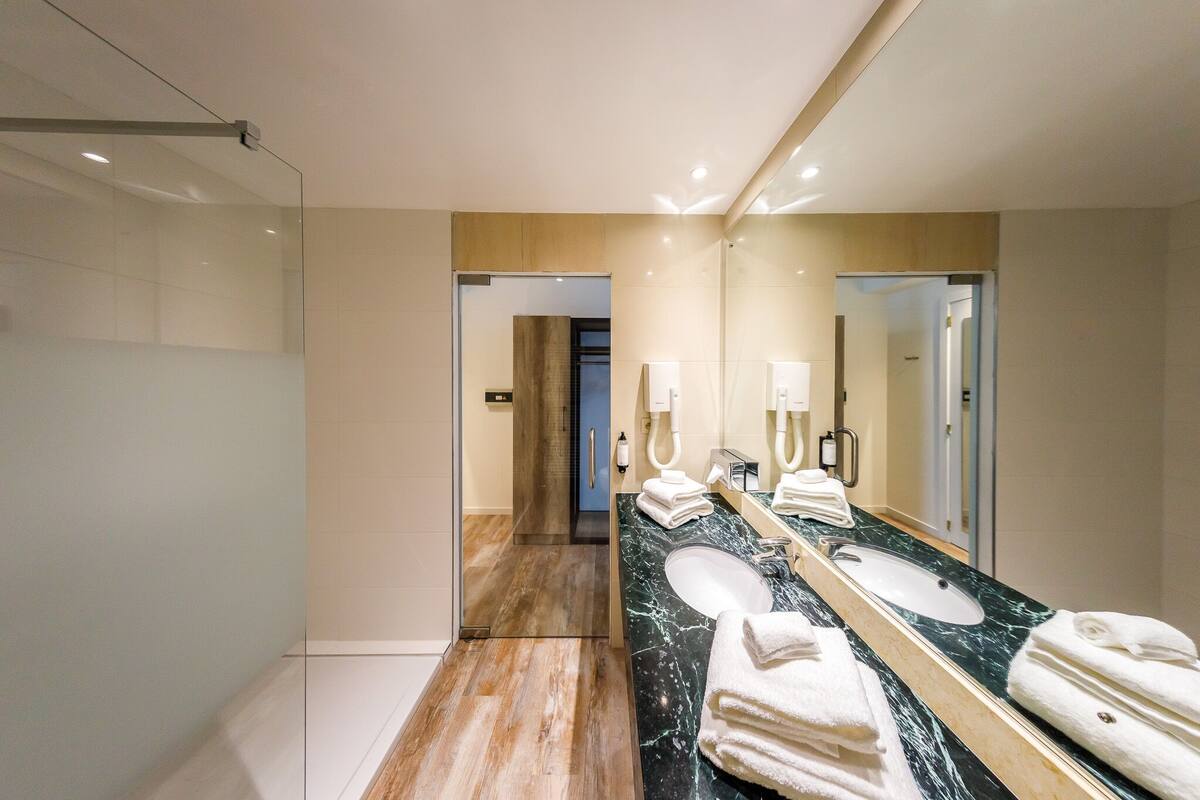 free toiletries, hair dryer, towels