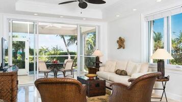 Condo, 2 Bedrooms, Ocean View, Beachfront | Living area | 32-inch flat-screen TV with cable channels, TV, DVD player