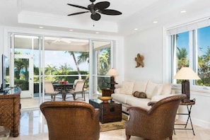 Condo, 2 Bedrooms, Ocean View, Beachfront | Living area | 32-inch flat-screen TV with cable channels, TV, DVD player