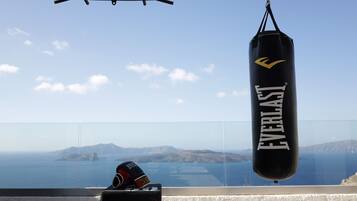 Ein an einer Dehaken befestigter Boxsack mit der Aufschrift "EVERLAST", zusammen mit einem Boxhandschuh und einer schwarzen Box mit dem Schriftzug "Amil" auf einem Balkon mit Blick auf eine malerische Meereslandschaft und die entfernte Küste.
