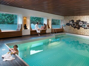 Indoor pool, open 7 AM to 9 PM, sun loungers
