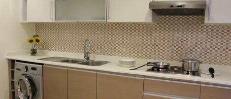 A compact kitchen with a washing machine, a sink, and a stove.
