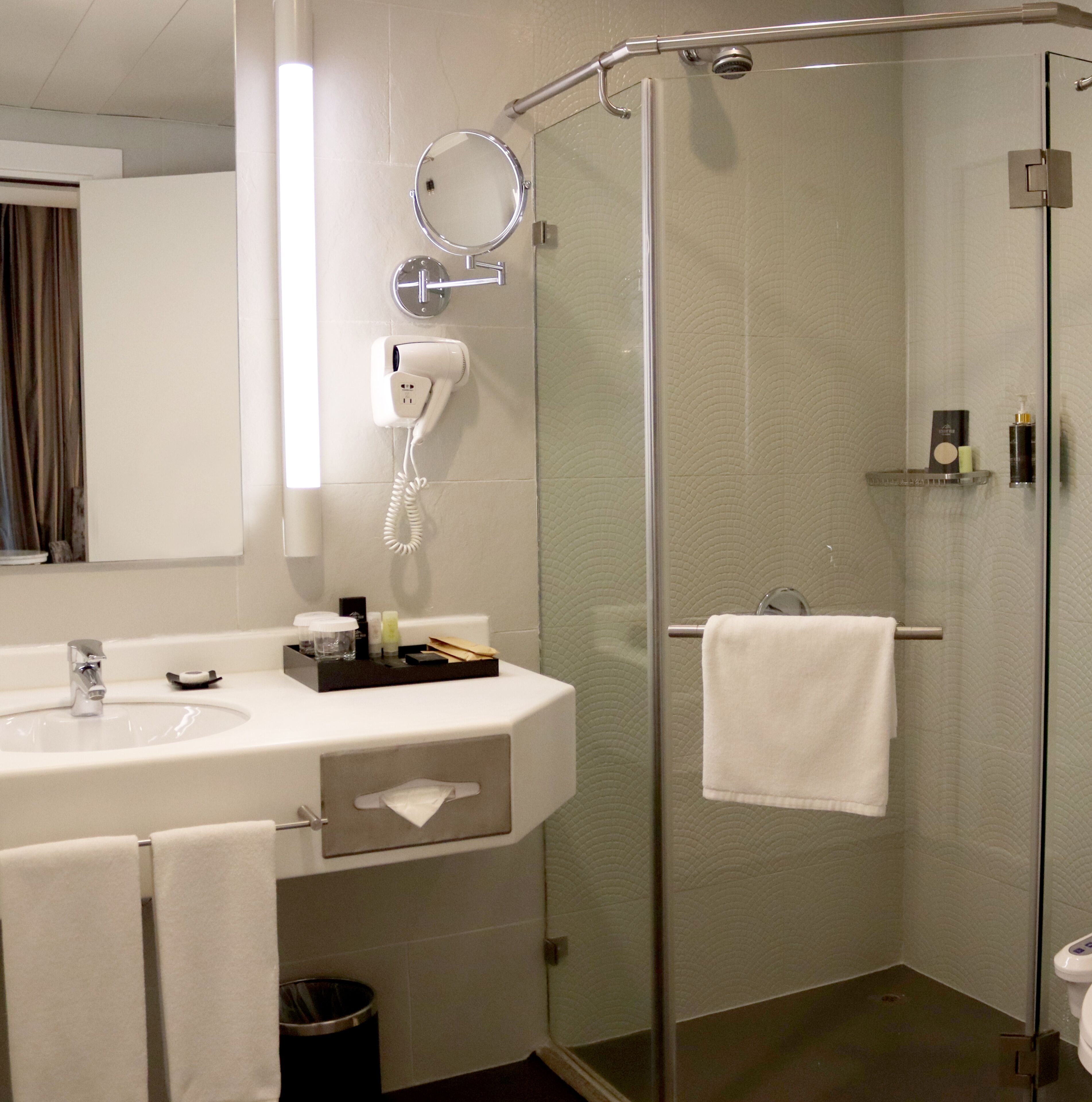 A modern bathroom with a glass shower enclosure, a vanity with a mirror, and a towel rack.