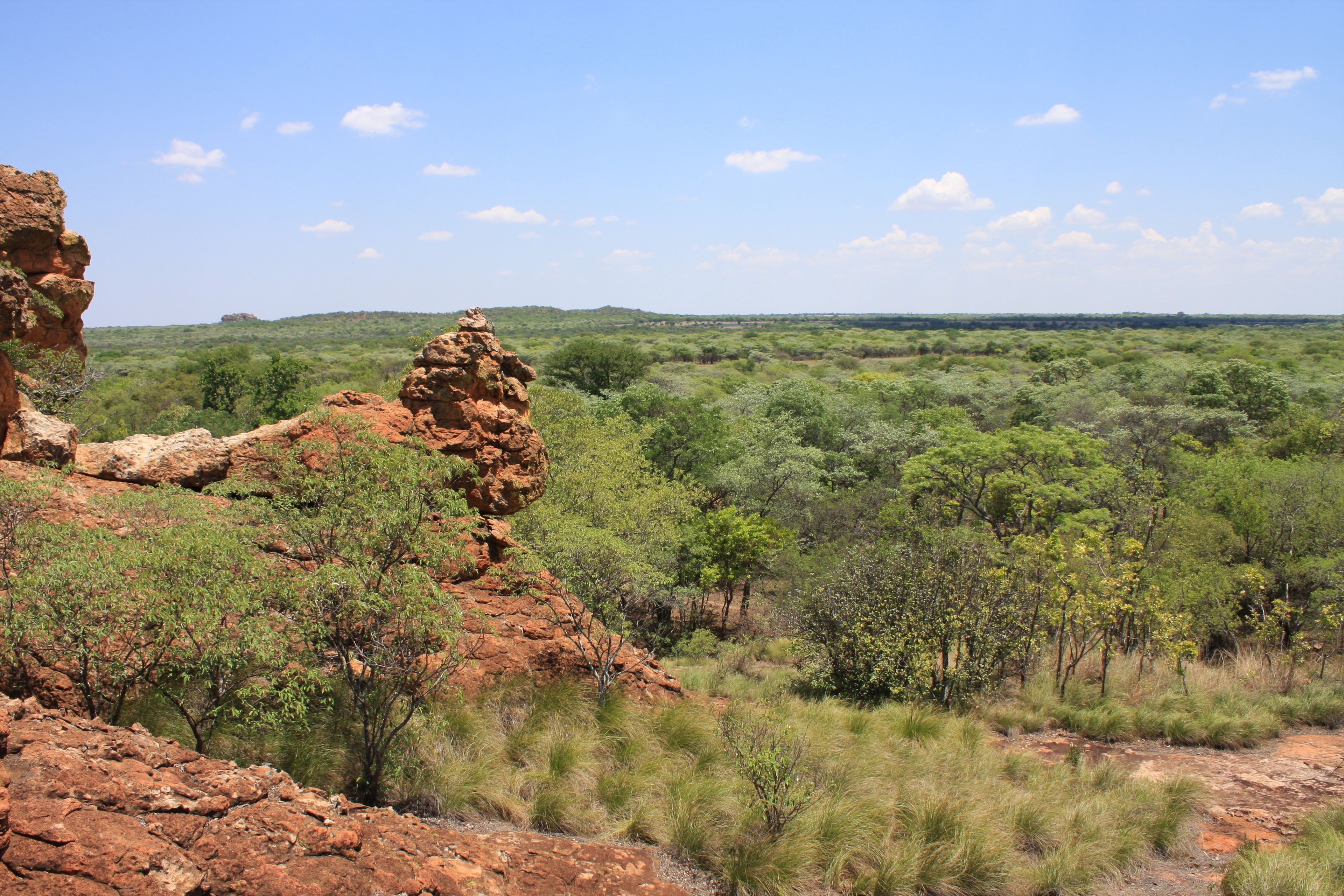 A natural landscape with red rock formations and green vegetation.
