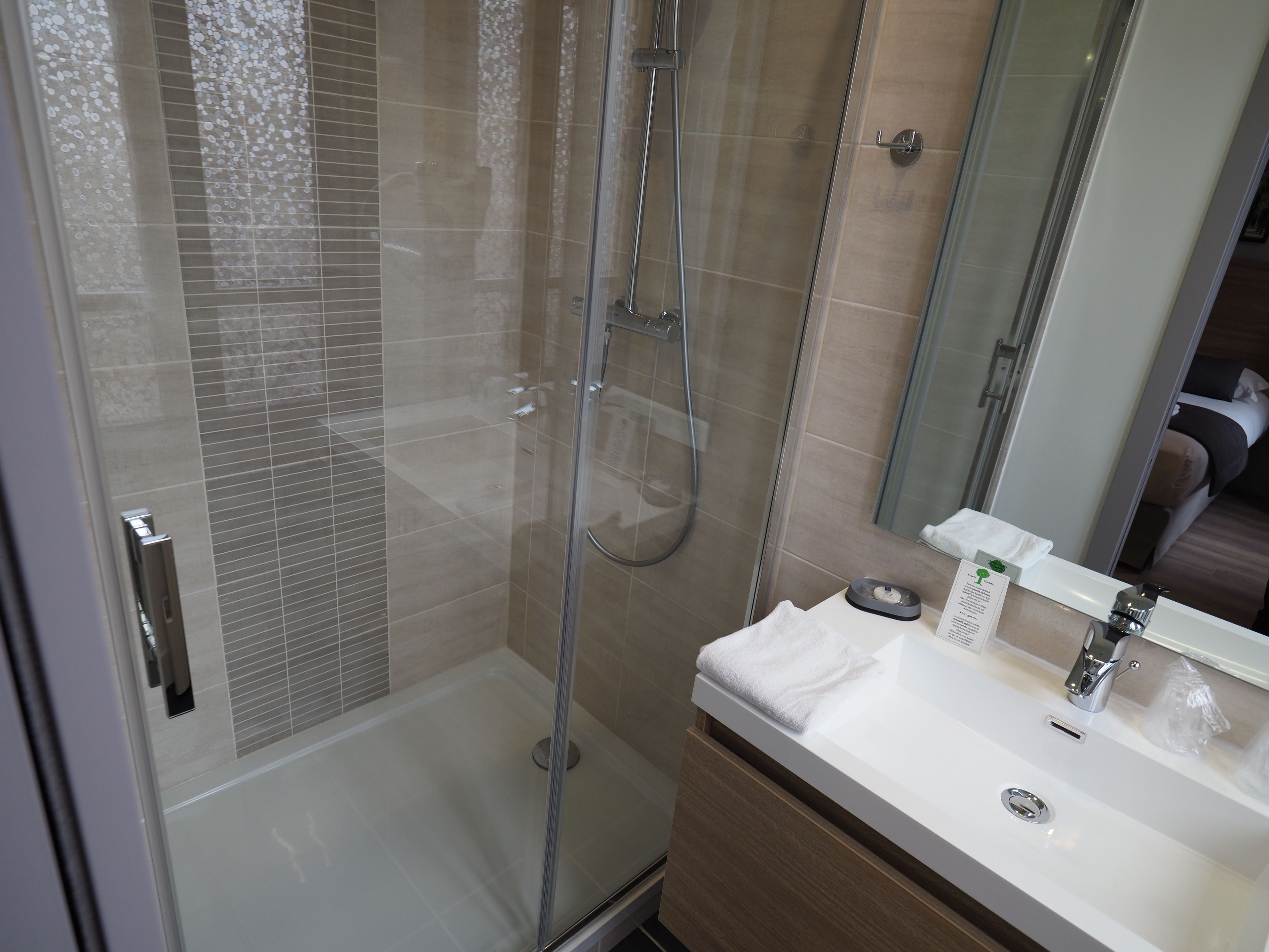 A modern bathroom with a glass-enclosed shower, a white sink, and a mirror reflecting a bedroom.
