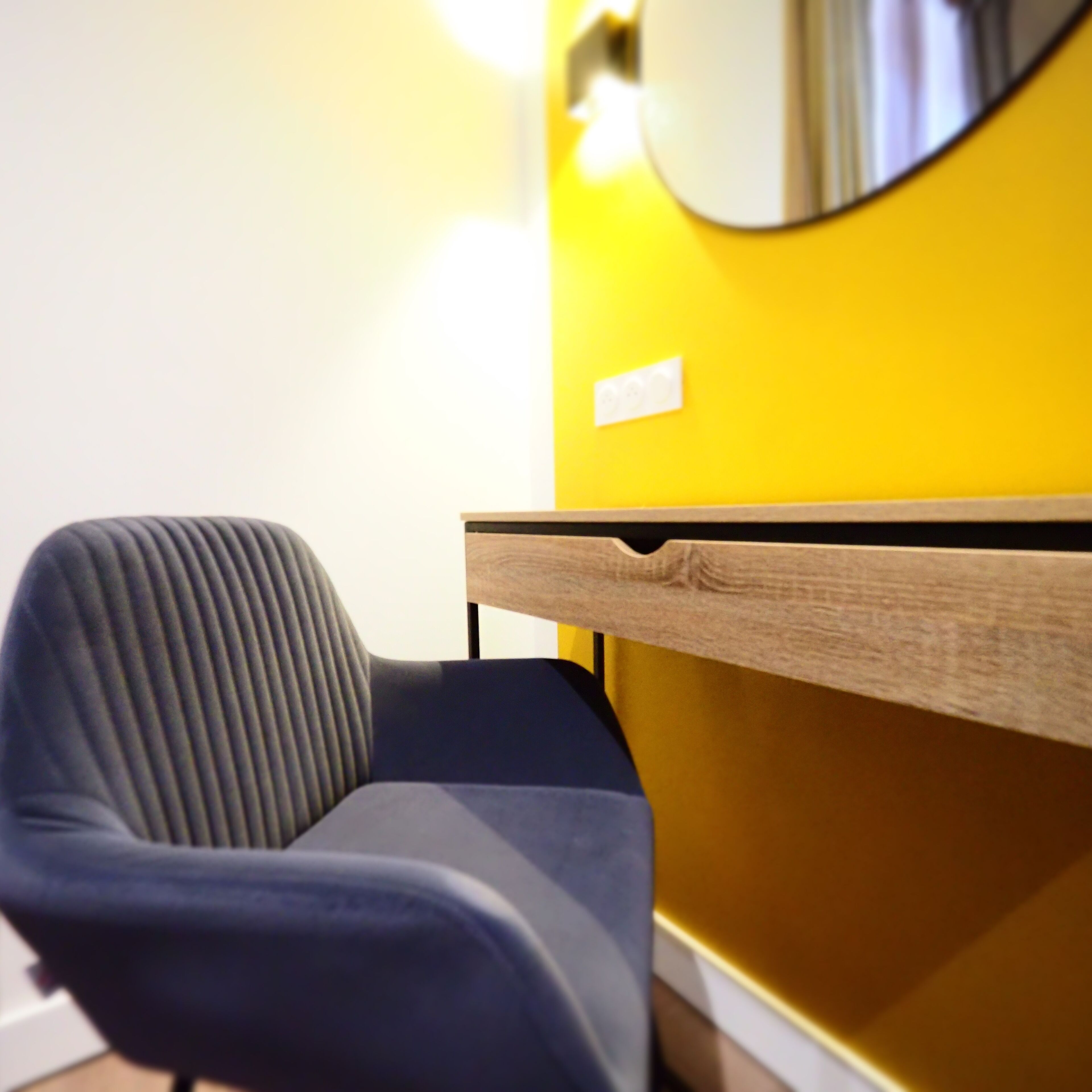 city apartment | desk, blackout curtains, soundproofing, iron/ironing board