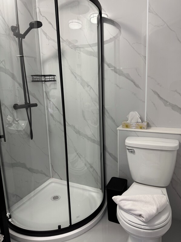 A bathroom with a glass-enclosed shower, a toilet, and a white marble wall.