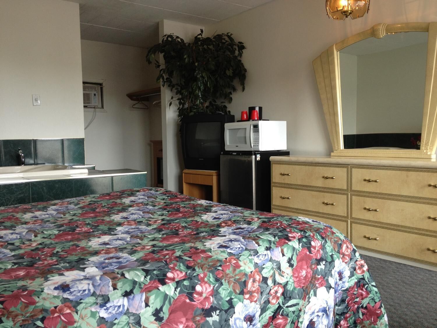 Una habitación de hotel con cama, tocador, microondas, televisor y un espejo grande.