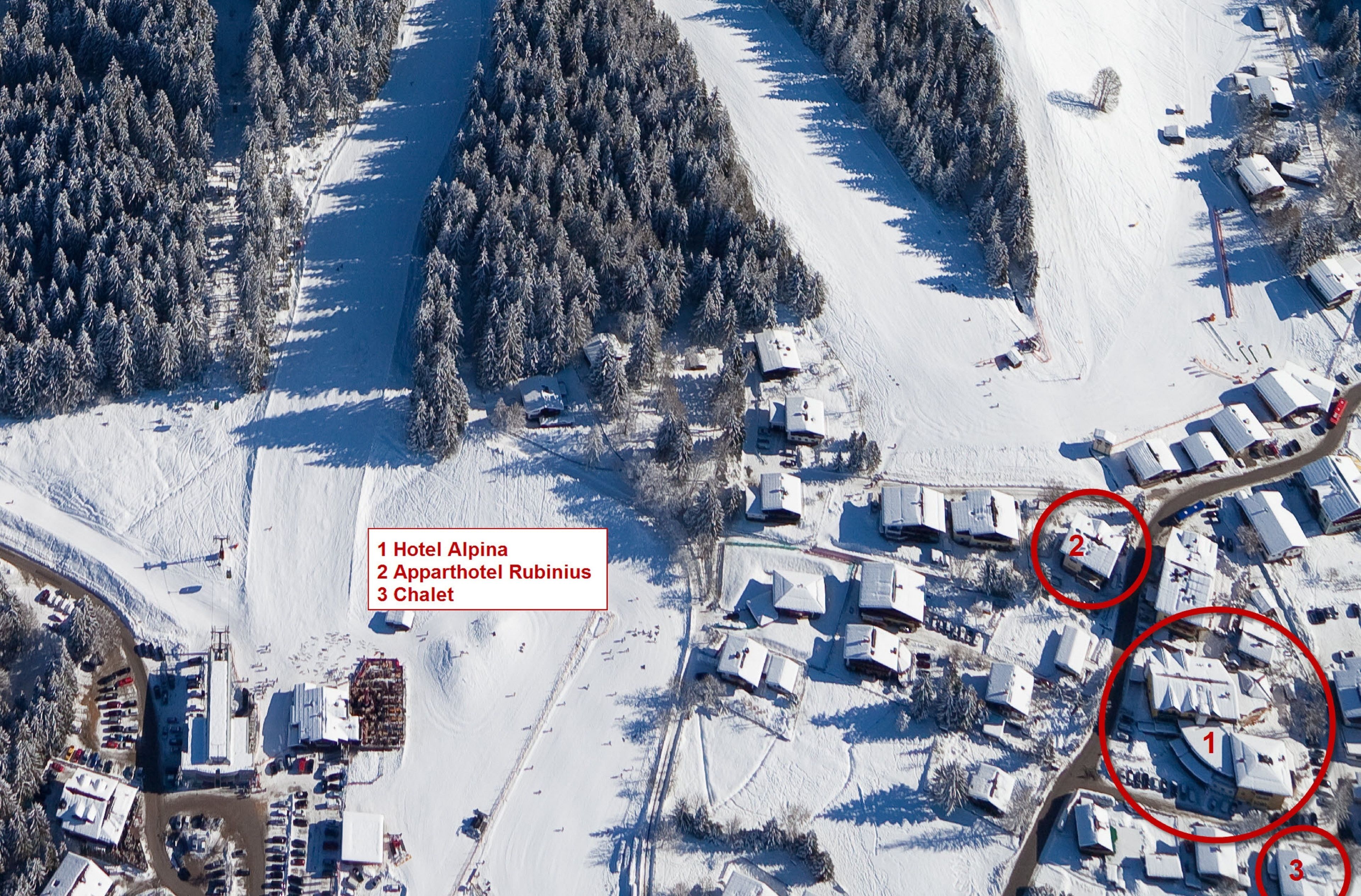 Vue aérienne d’une station de ski enneigée, avec indication des emplacements de l’hôtel Alpena, de l’hôtel-résidence Rubinius et du chalet.