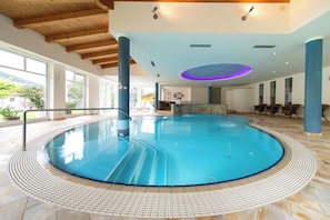 Indoor pool, open 8:00 AM to 8:00 PM, sun loungers