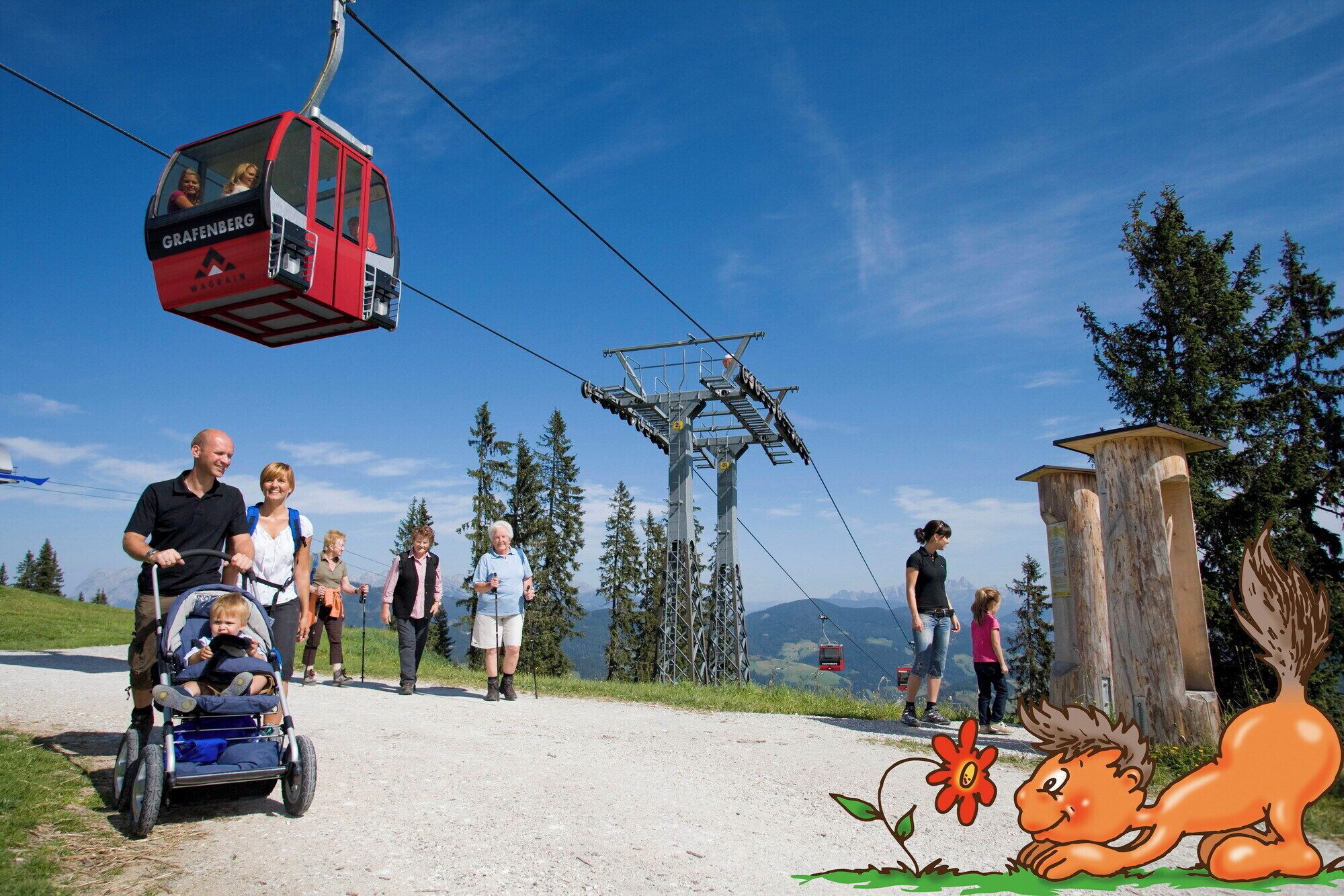 Eine Seilbahn mit Fahrgästen, ein Skilift und eine malerische Berglandschaft.
