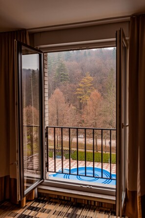 A room with a large window overlooking a swimming pool and a forested area. - Hotel Šmarjeta - Terme Krka (Smarjeske Toplice)