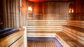 Een houten sauna met banken en twee wandlampen.
