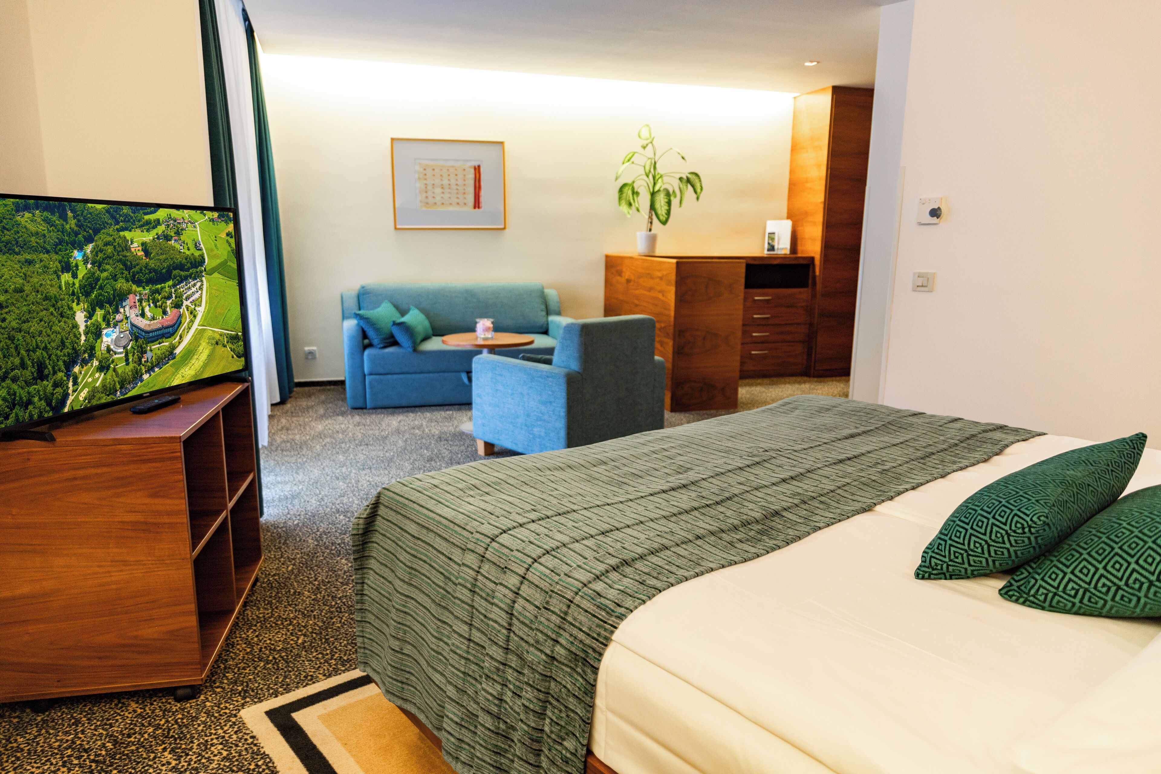 Ein Hotelzimmer mit einem großen Bett, einer Couch, einem Fernseher, einem Schreibtisch und einer Pflanze.
