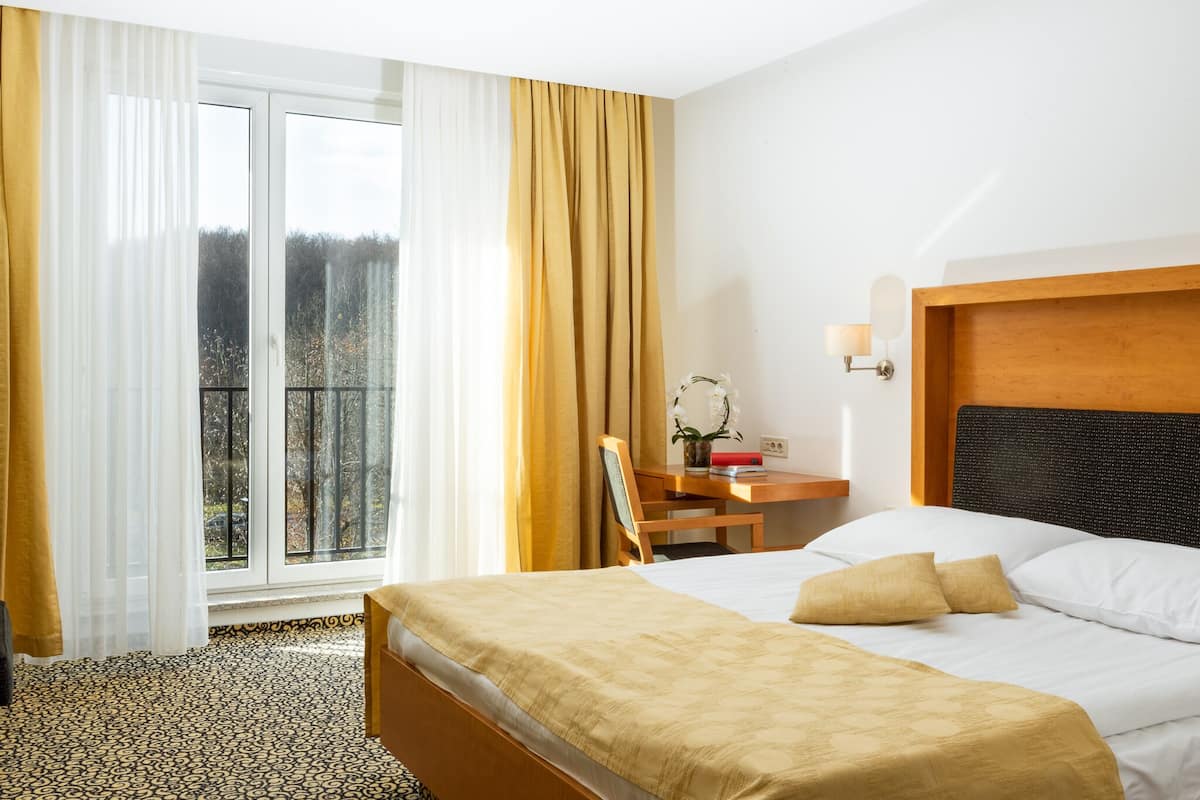 Une chambre d’hôtel avec un grand lit, un bureau avec une chaise, une fenêtre avec des rideaux et une vue sur les arbres à l’extérieur.