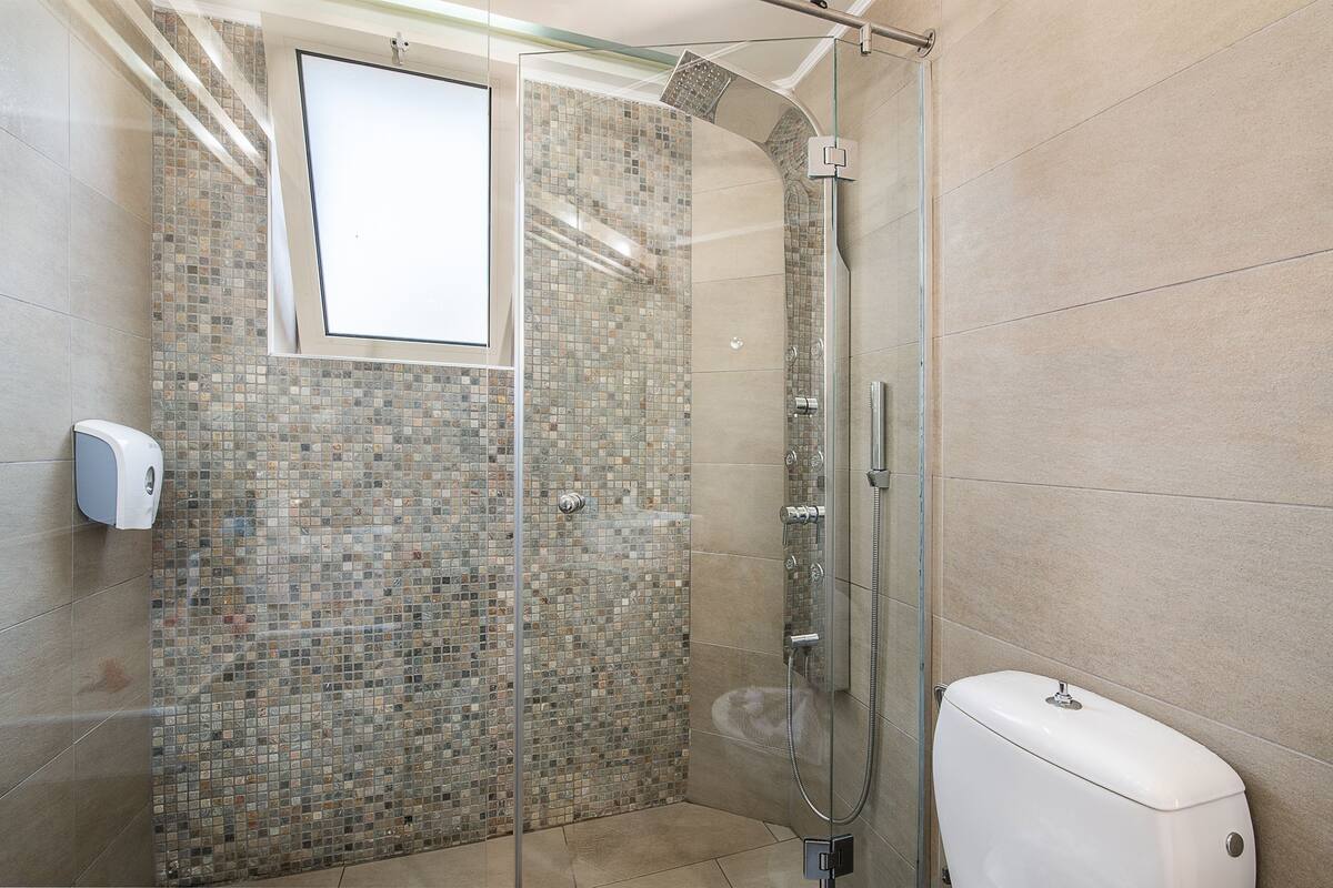 Ducha con paredes de vidrio, un inodoro y un secador de manos, con detalles en mosaicos de azulejos.