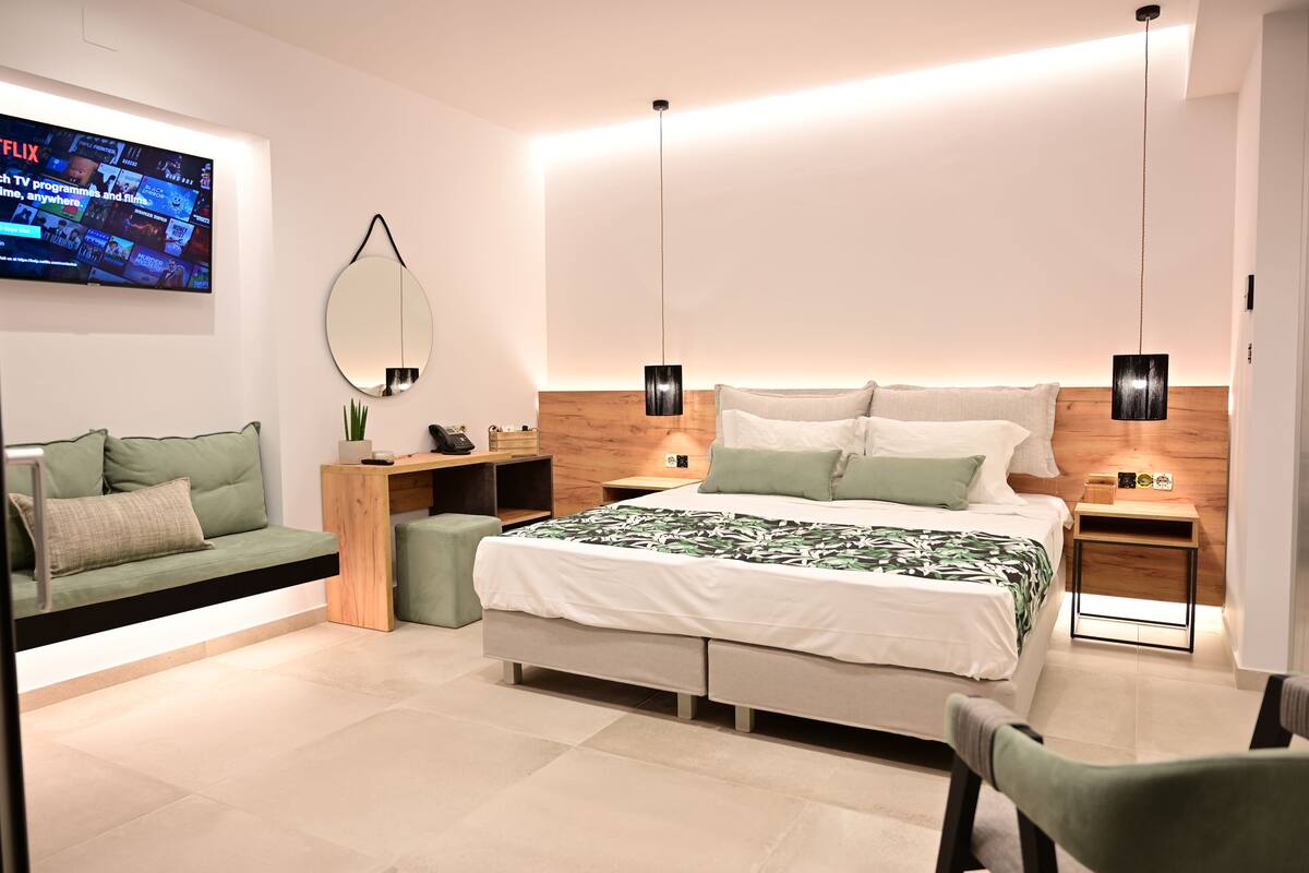 Un dormitorio moderno con una cama, un sofá, un televisor y un escritorio.