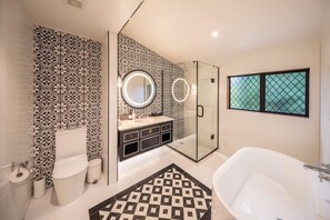 Hair dryer, towels, soap, shampoo