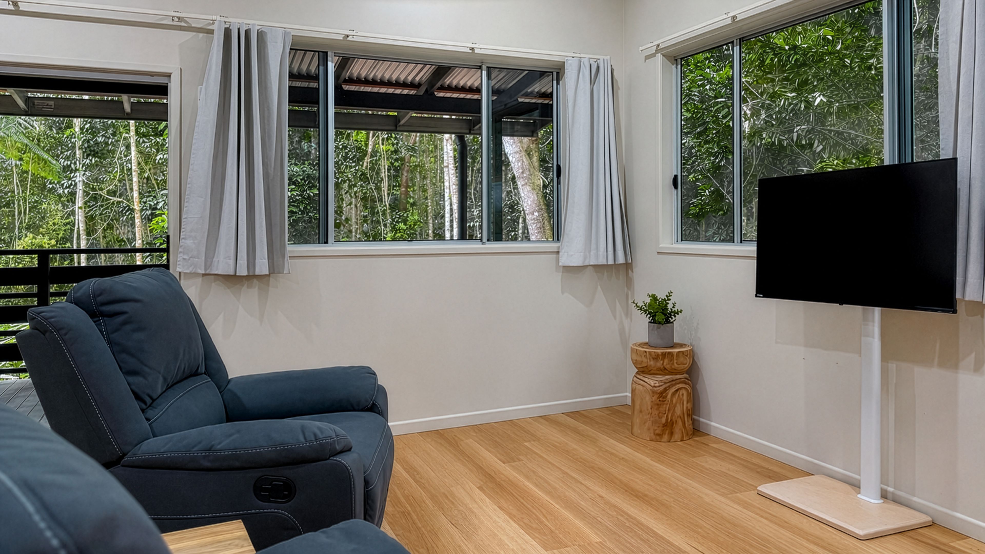 A room with a sofa, a television, a small wooden stool with a plant, and large windows with curtains.