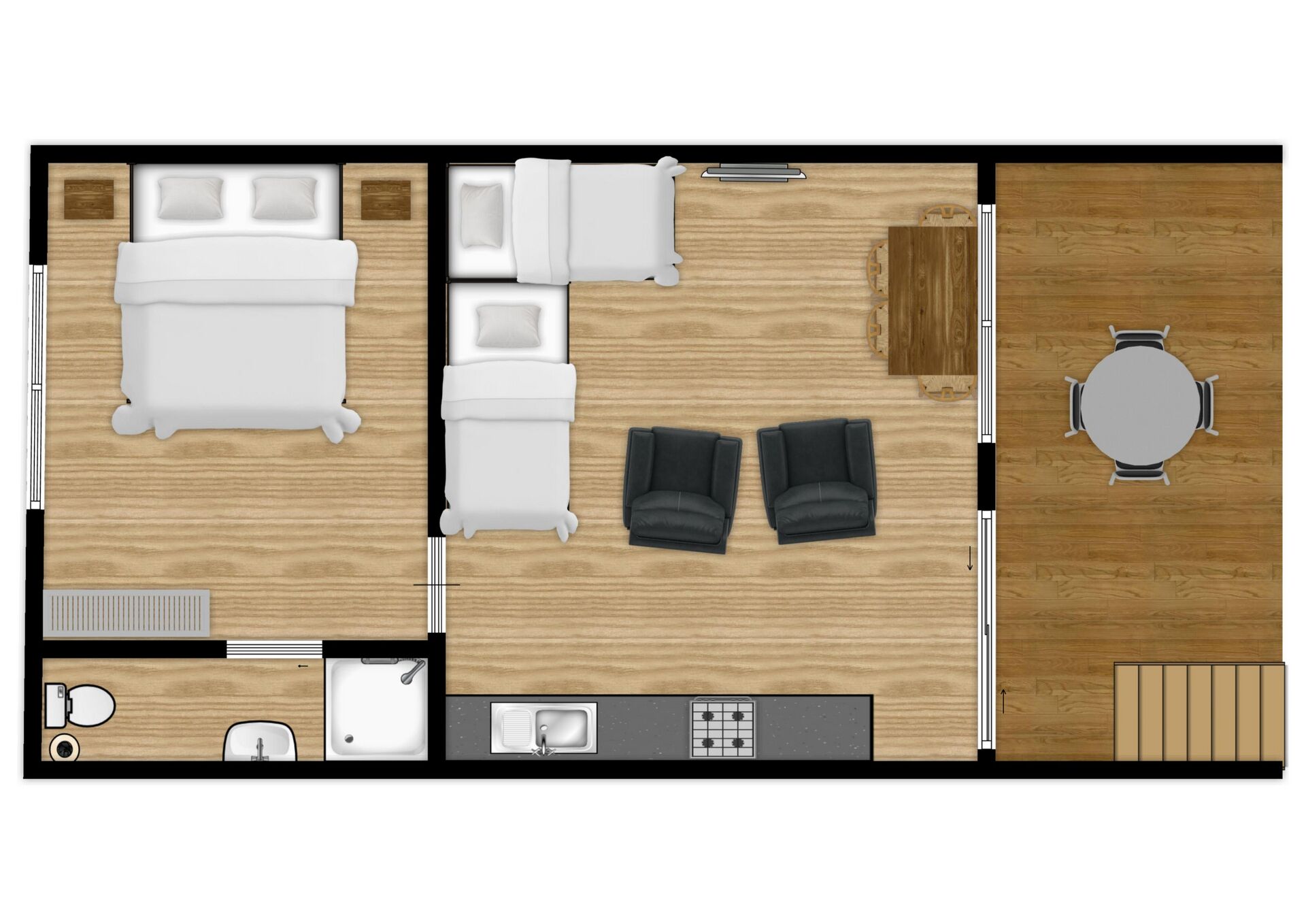 A hotel room layout with a bed, two sofas, a dining table, and a kitchen area.