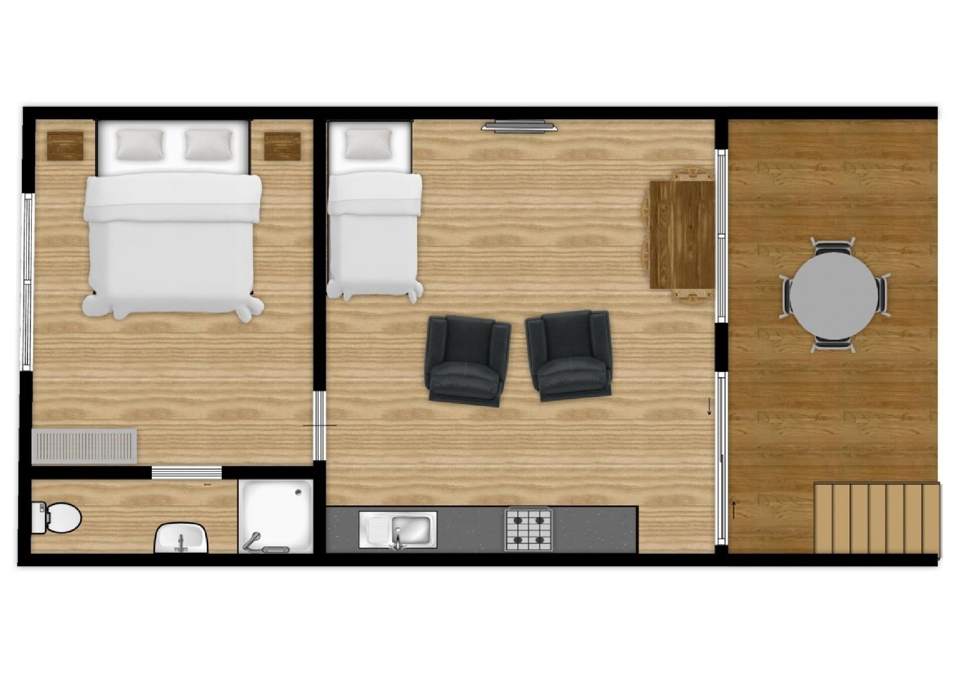 A hotel room layout with two beds, a sofa set, a dining table, a kitchen area, and a bathroom.