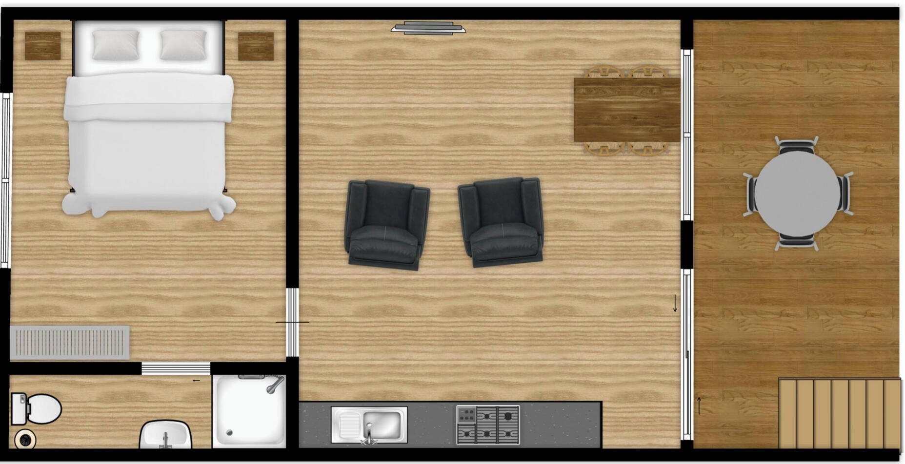 Un plan d’une chambre d’hôtel comprenant un lit, deux fauteuils, une table et une salle de bain.
