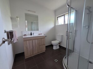 Shower, hair dryer, towels, soap