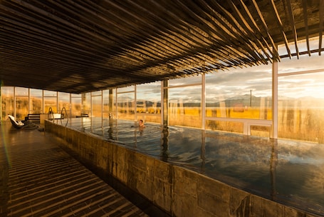 A large indoor swimming pool with a view of a field and mountains.