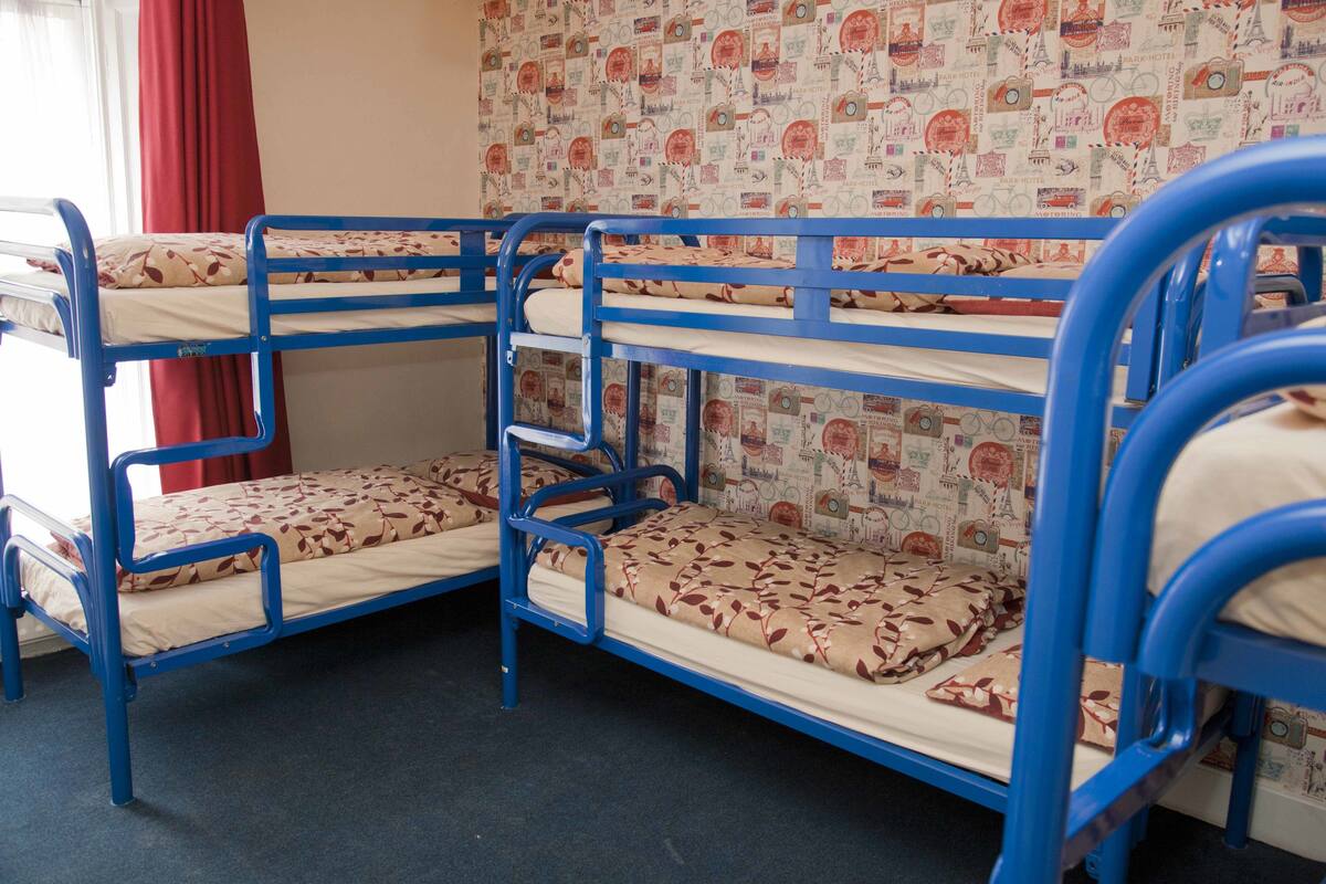 Habitación con literas de estructura metálica azul y ropa de cama estampada.