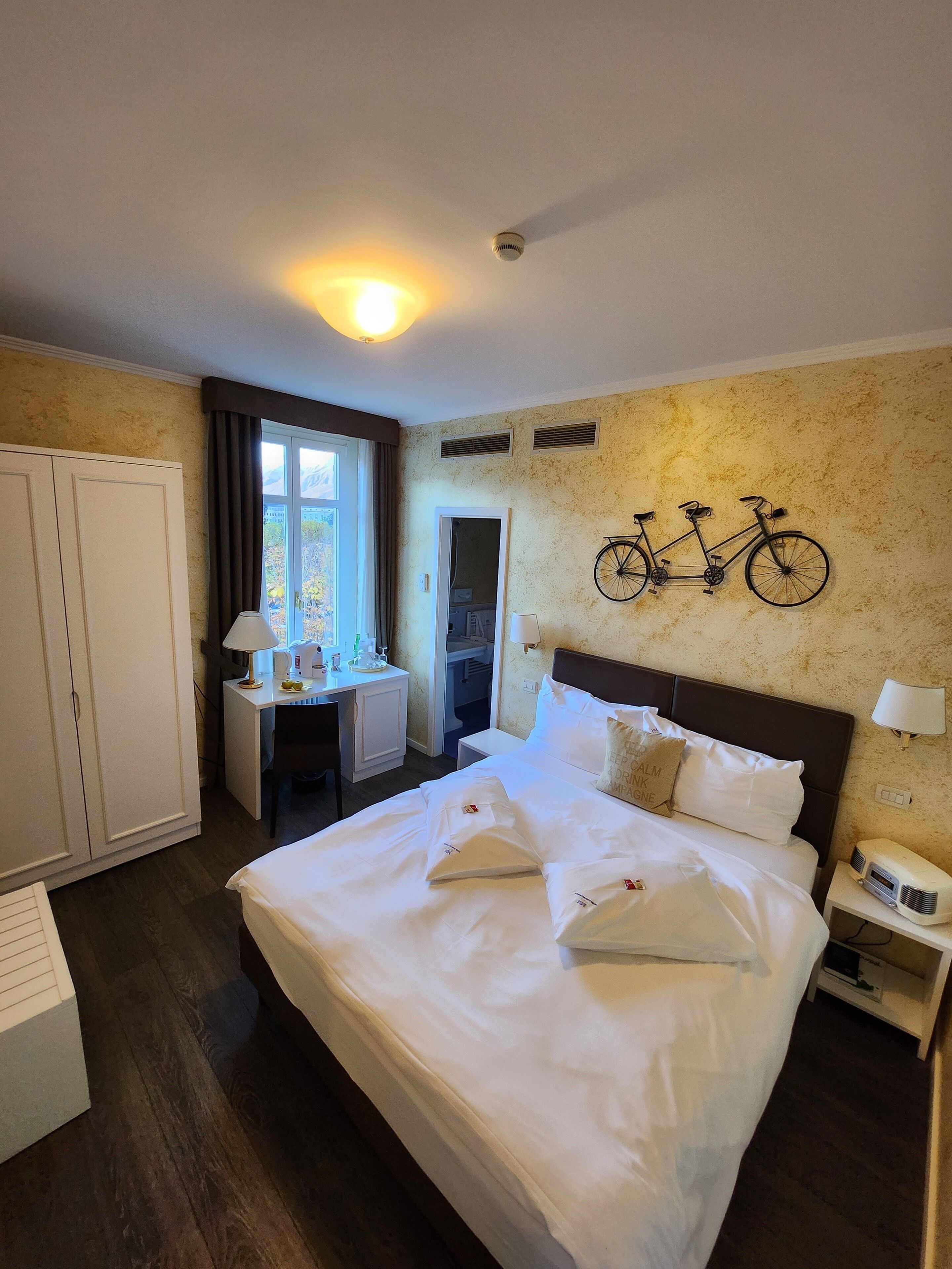 Habitación de hotel con una cama grande, un escritorio, una bicicleta colgada en la pared y un armario.