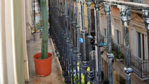 A balcony with a potted cactus, a wrought iron railing, and buildings in the background. - Pension Castil (Granada)