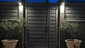 Ein begrenzter Eingangsbereich mit einem dunklen Metallgitter, zwei Blumentöpfen mit Blumen und einer Lampe darüber.