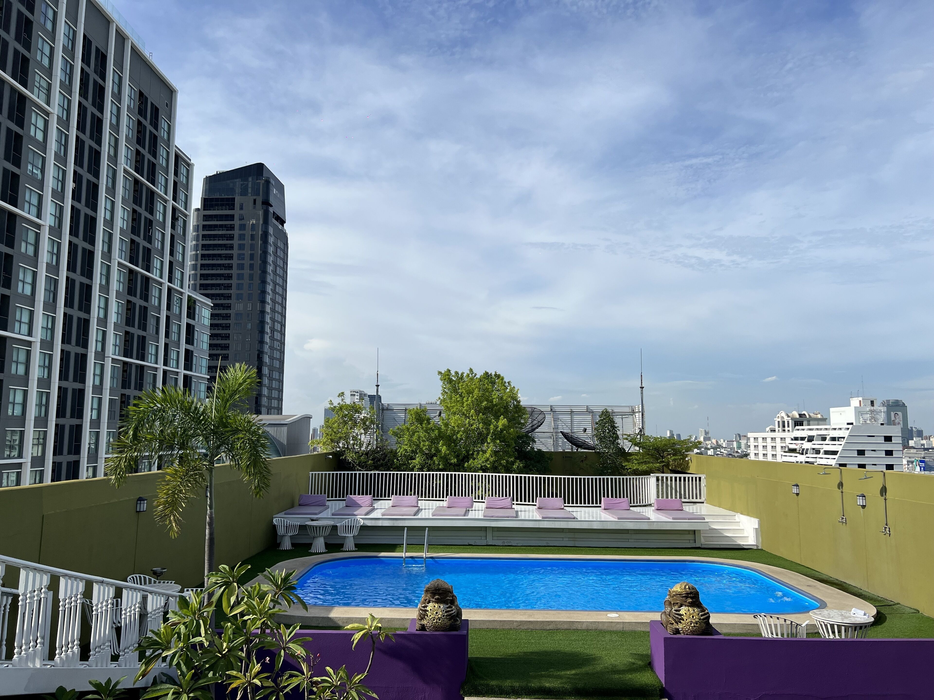 A rooftop pool with a view of the city skyline, surrounded by greenery and modern buildings.