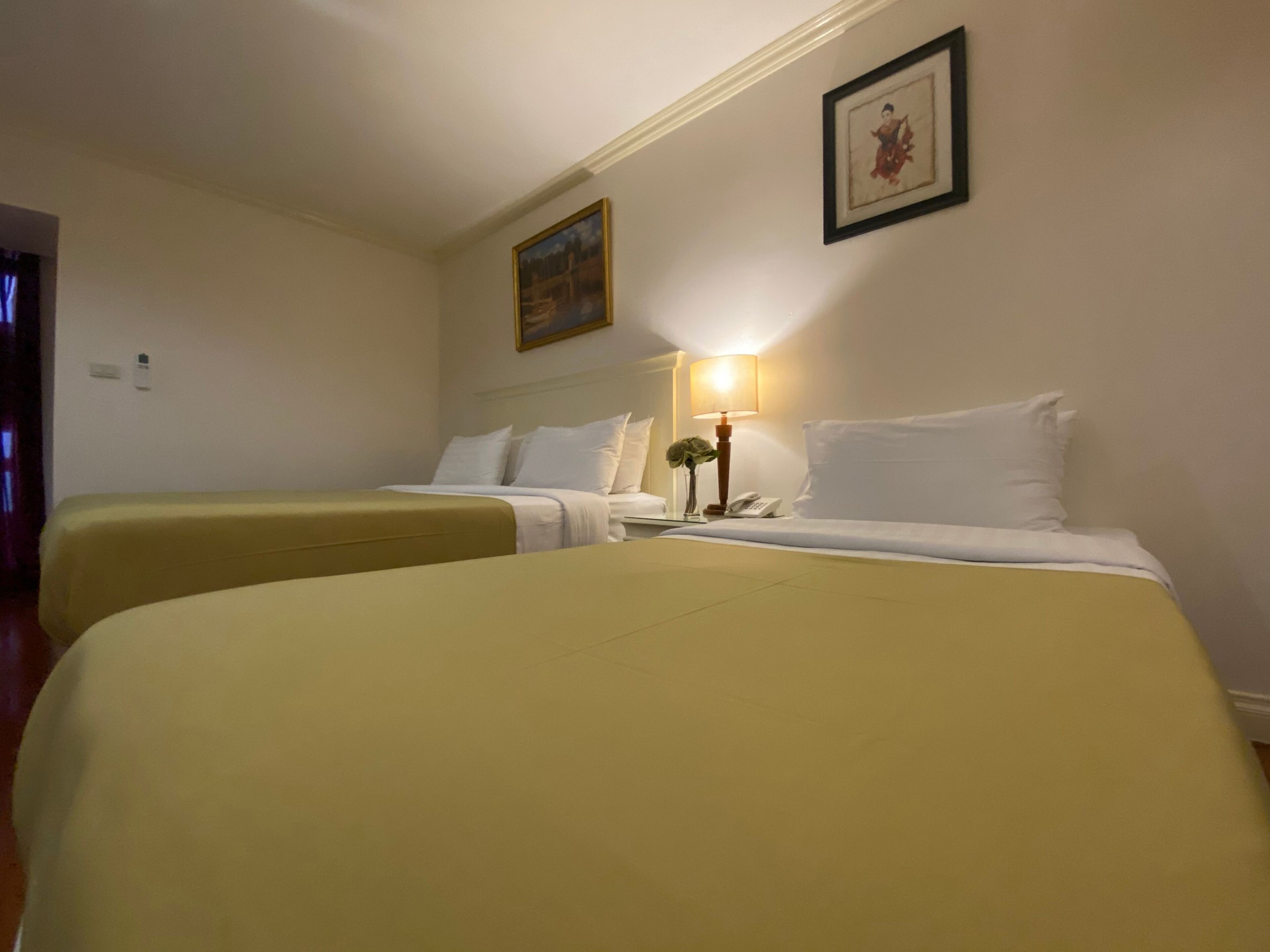 Habitación de hotel con dos camas individuales, una lámpara de noche, un cuadro en la pared y una mesita con un florero.
