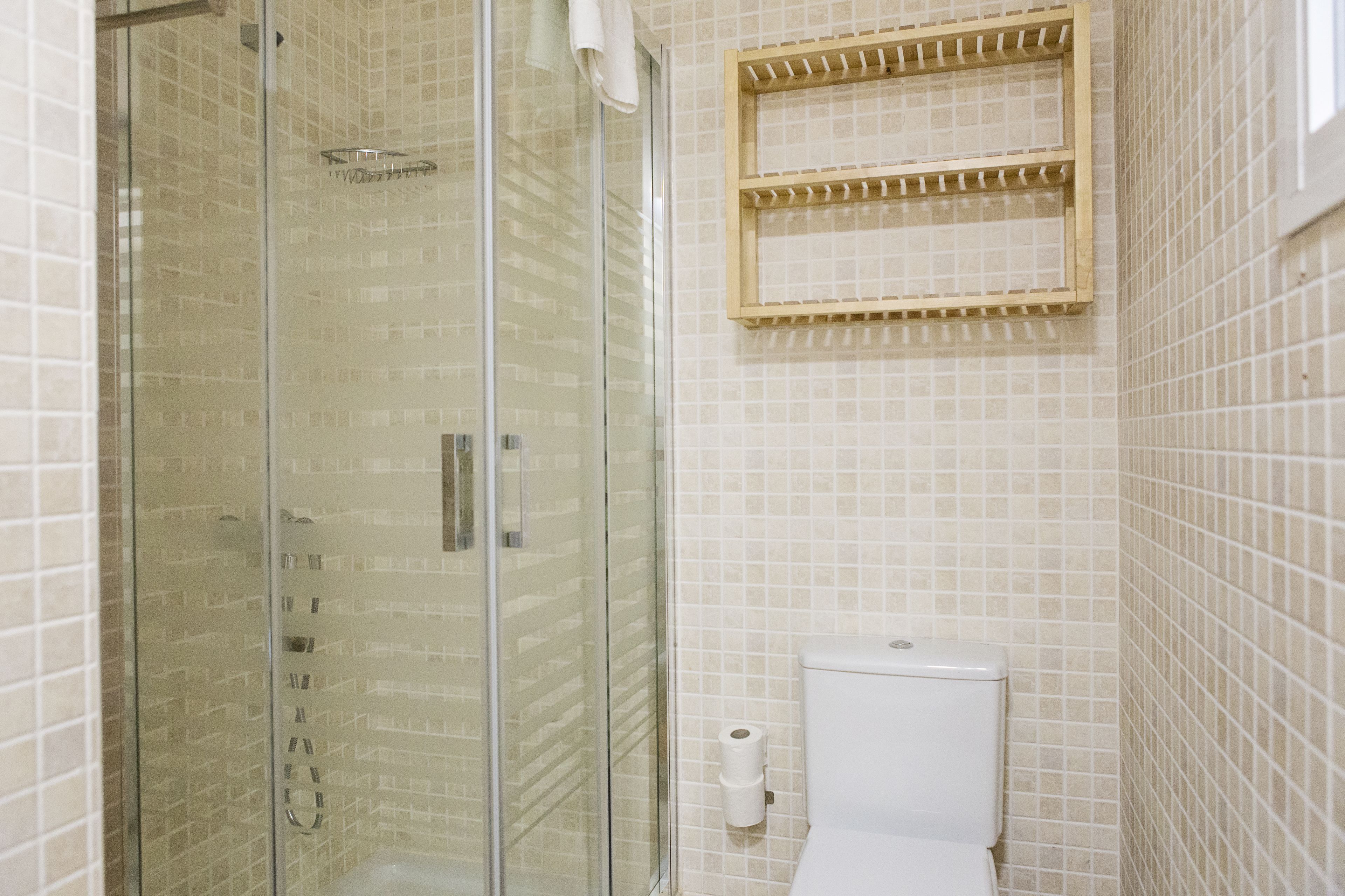 A bathroom with a glass-enclosed shower, a toilet, and a towel rack.
