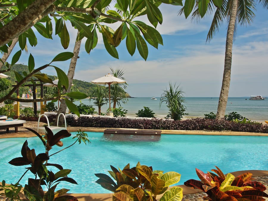 Outdoor pool, pool umbrellas, pool loungers