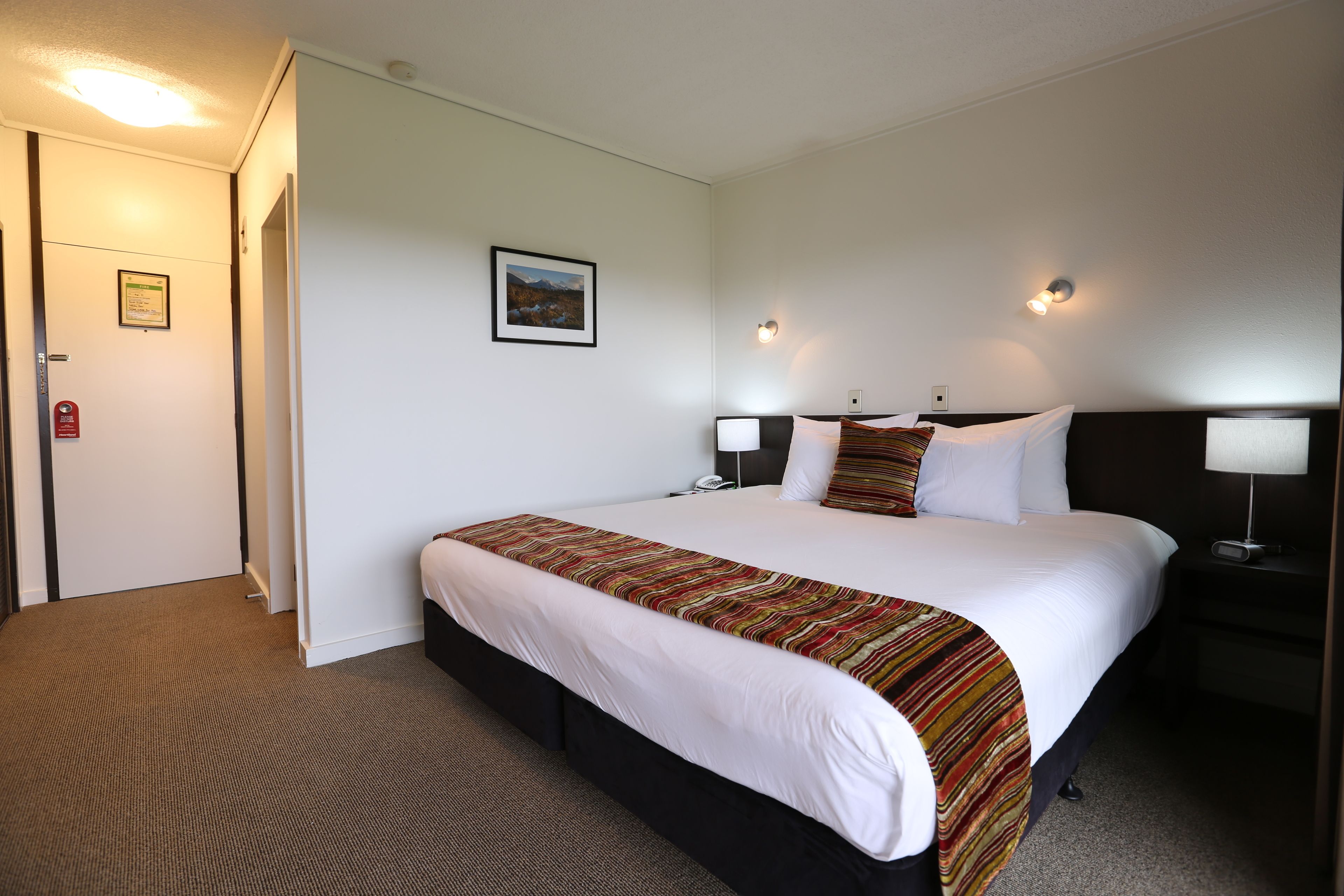 A hotel room with a large bed, a bedside table with a lamp, a framed picture on the wall, and a door with a fire alarm.