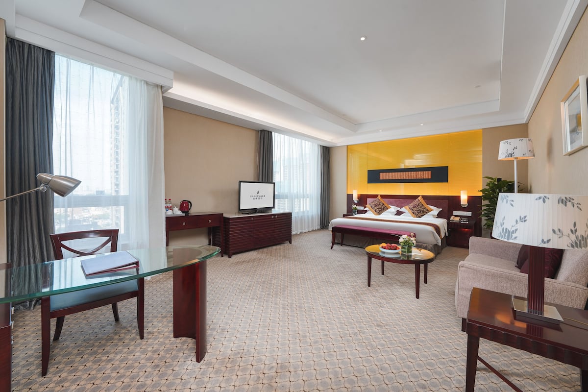 A hotel room with a bed, a desk, a sofa, a TV, and a large window.