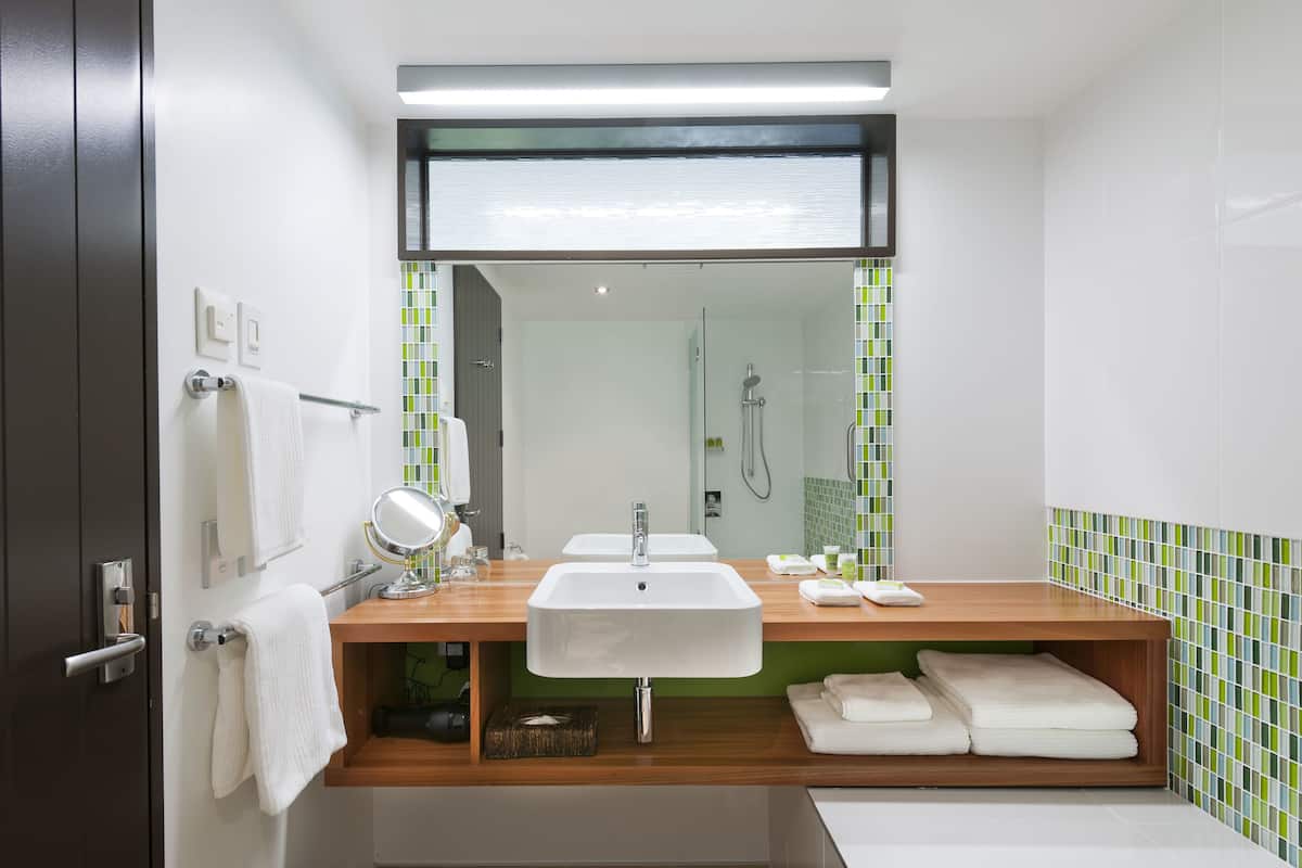 free toiletries, hair dryer, bathrobes, heated floors