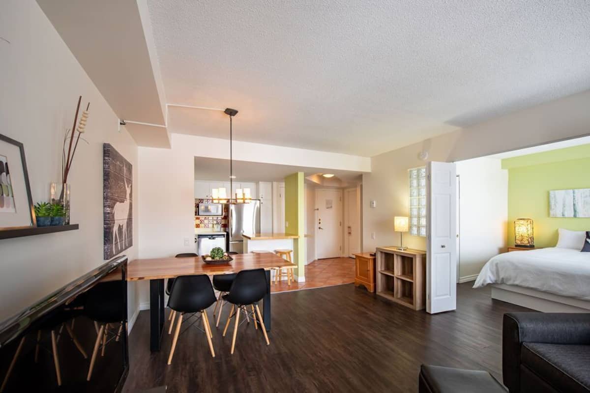 Hypo-allergenic bedding, blackout curtains, iron/ironing board